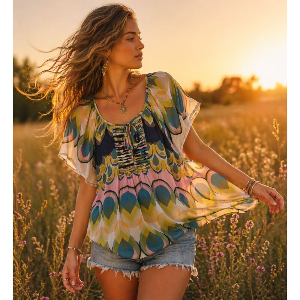 Daniel Rainn Boho Sheer Blouse M Flowing Festival Beach Hippie Top Tunic Shirt - Picture 2 of 12